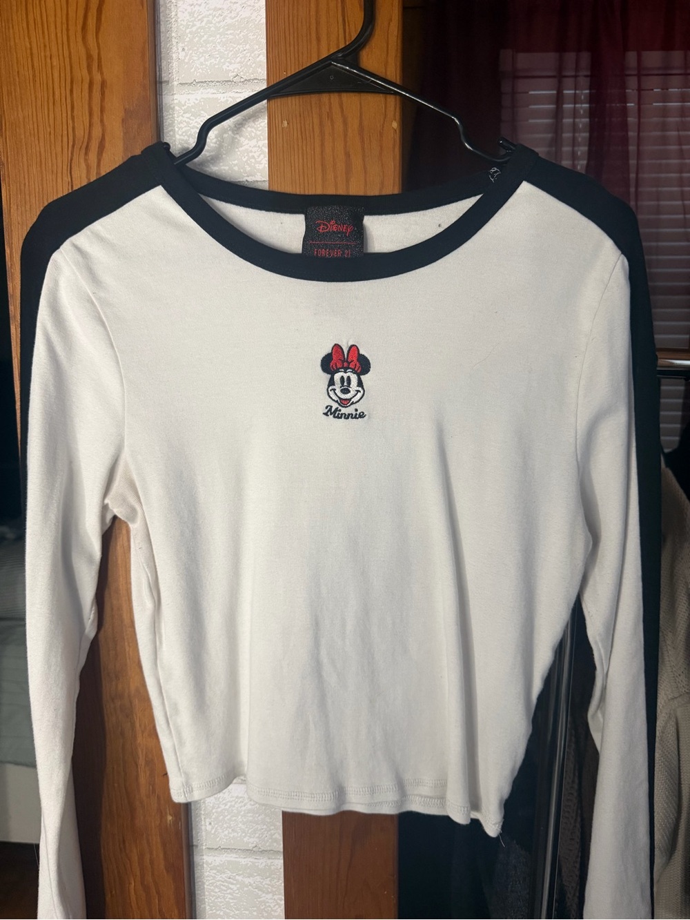 Disney Minnie Mouse White Long Sleeve Tee with Black Trim and Red Accent